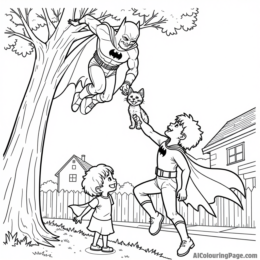 Batman rescuing a kitten from a tall tree with a joyful child watching from below in a sunny neighborhood.