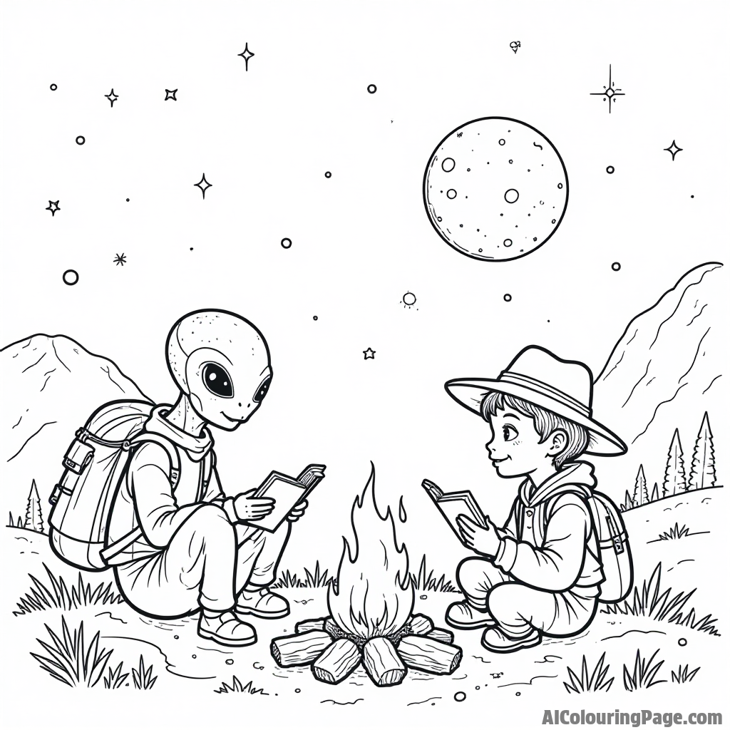 A friendly alien and a young explorer sharing stories around a campfire on a distant planet under a starry sky.