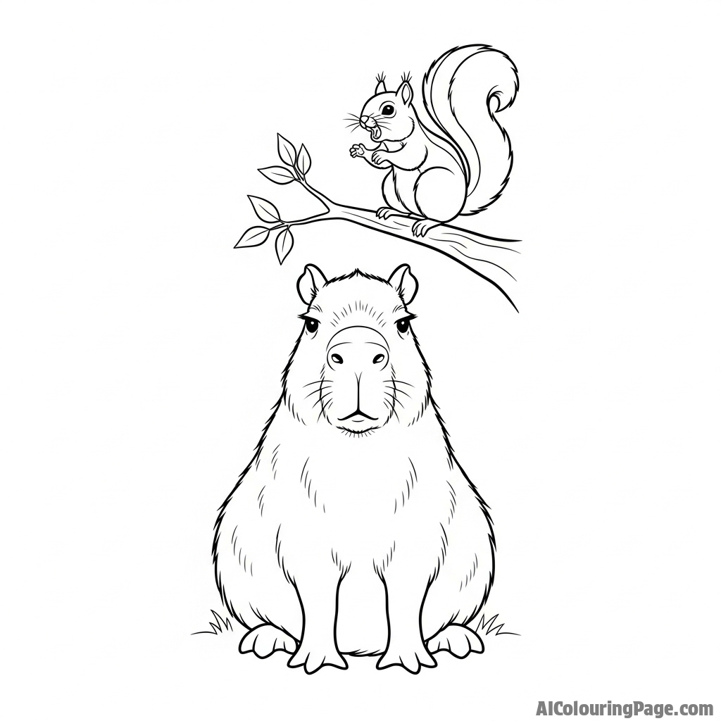 A capybara looking unimpressed while a squirrel chatters at it.