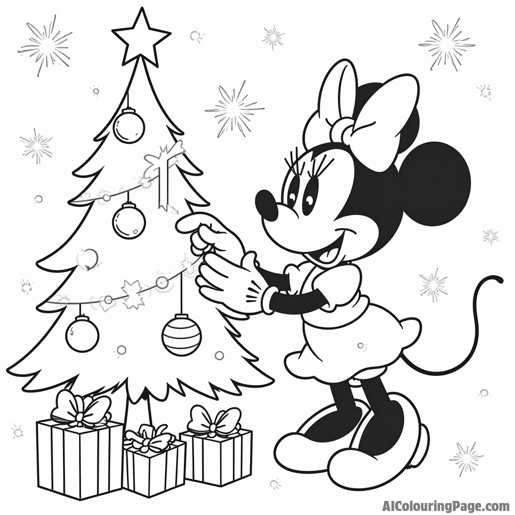 Minnie Mouse at a holiday festival, decorating a Christmas tree with ornaments, surrounded by gifts and twinkling lights