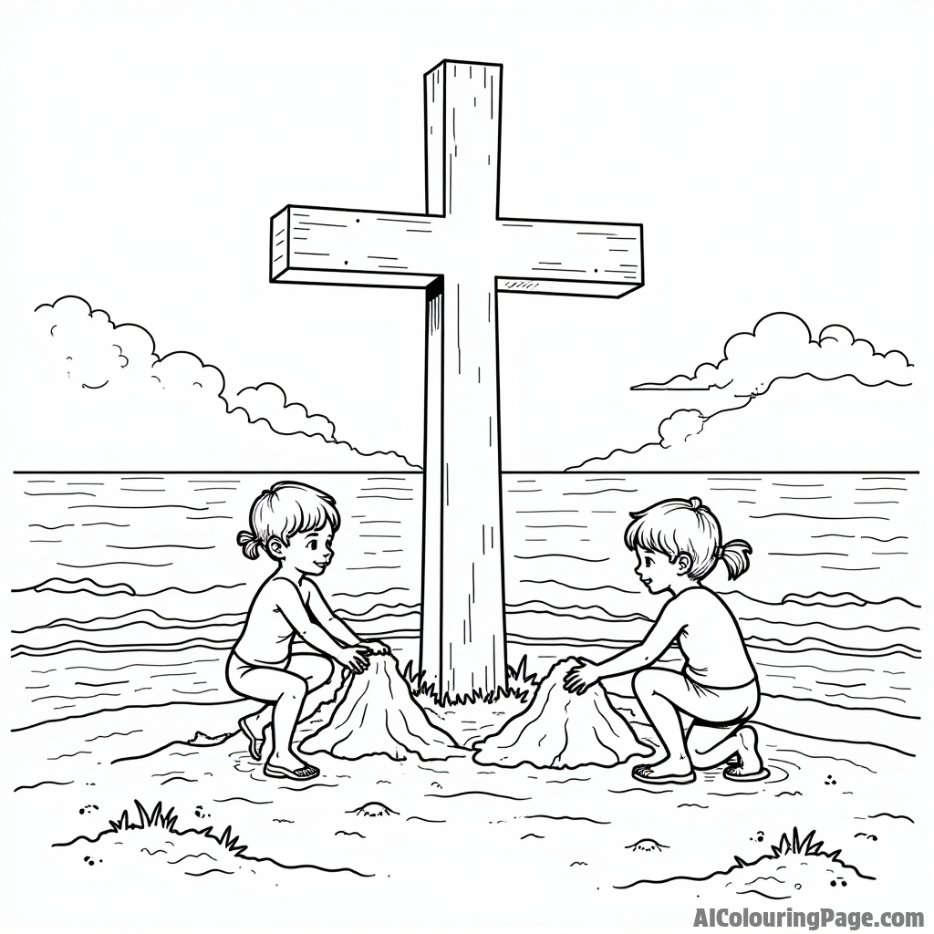 A vibrant scene of a cross on a beach, with children building sandcastles and playing in the waves for joyful coloring.