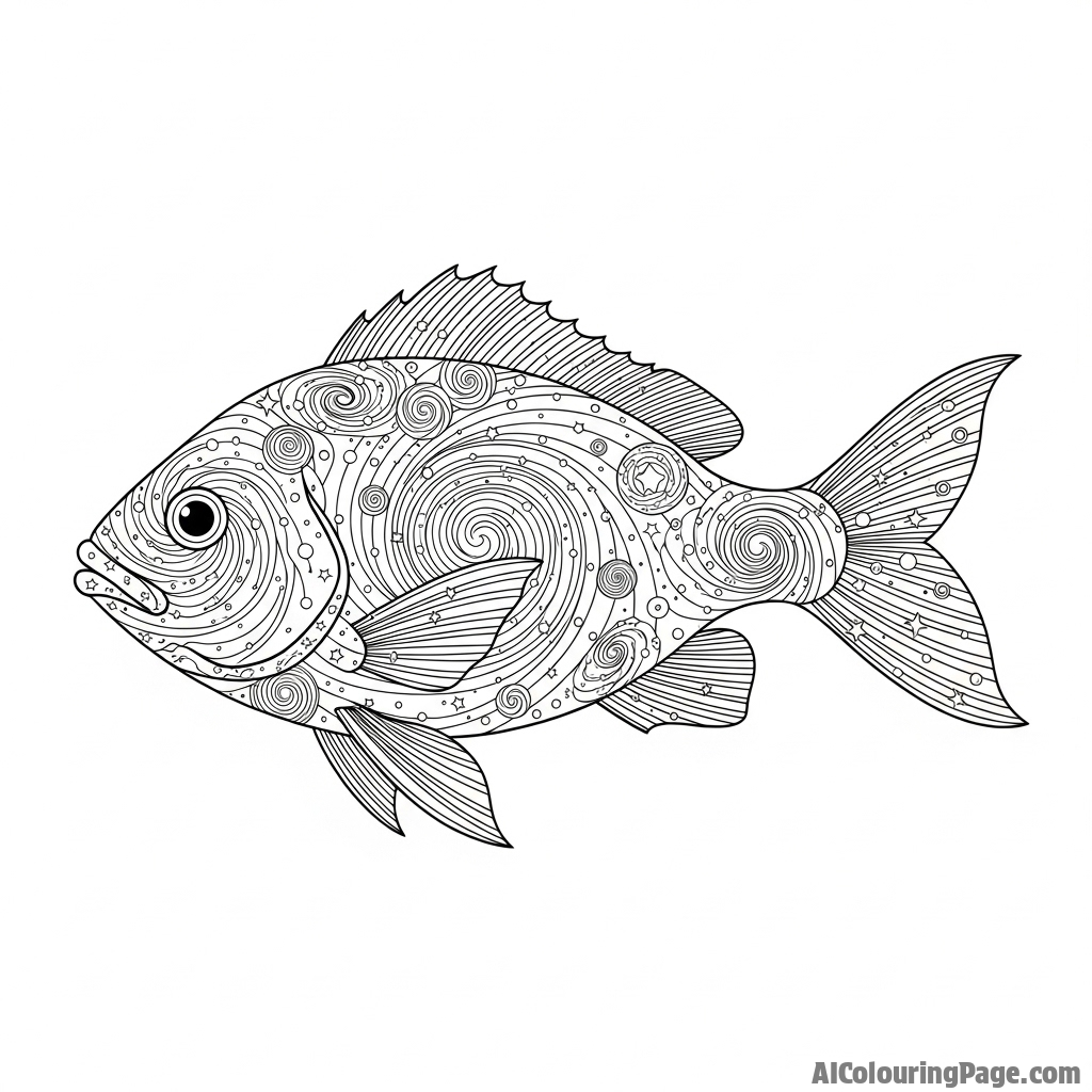 A fish made of swirling galaxies and stardust, swimming through cosmic space.