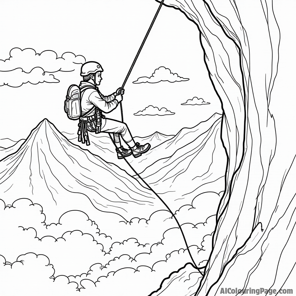 An adventurous climber rappelling down a cliff, with ropes and gear, surrounded by swirling clouds and distant mountains, providing an exciting scene for children to color.