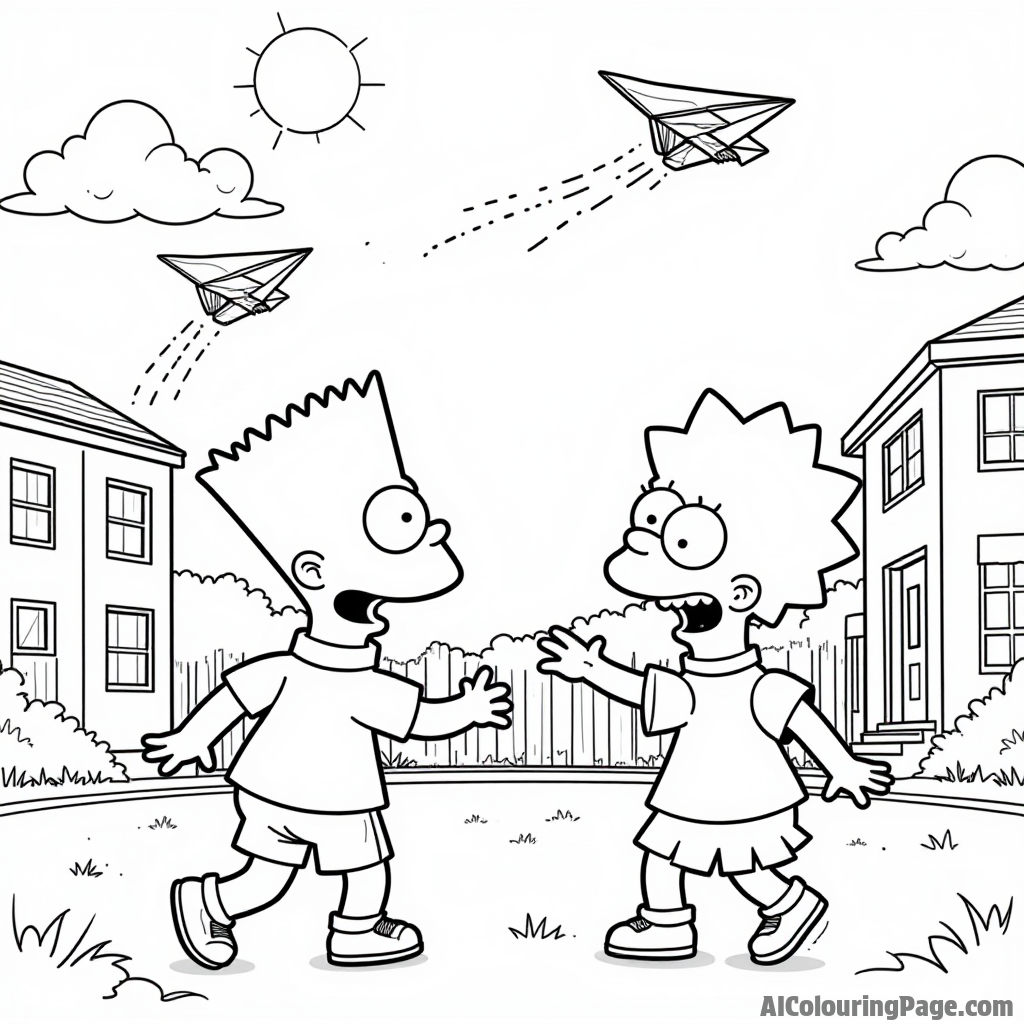 Bart and Milhouse flying paper airplanes in the schoolyard with a bright sunny sky and a few clouds in the background.