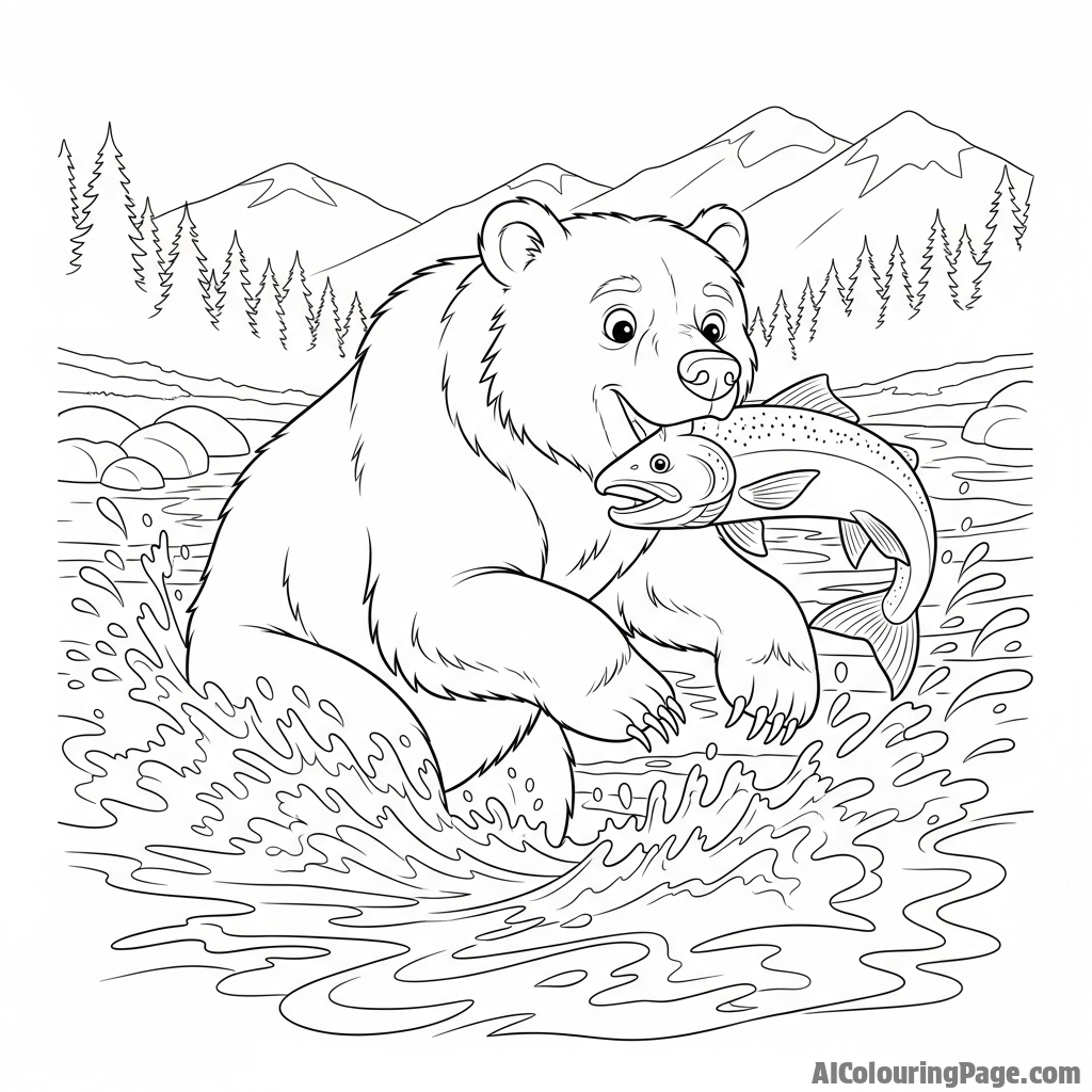 A photorealistic grizzly bear catching a salmon in a rushing river.