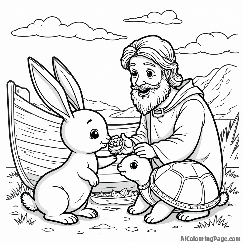 Noah feeding the animals on the ark, with a pair of rabbits and a turtle happily munching on food together.