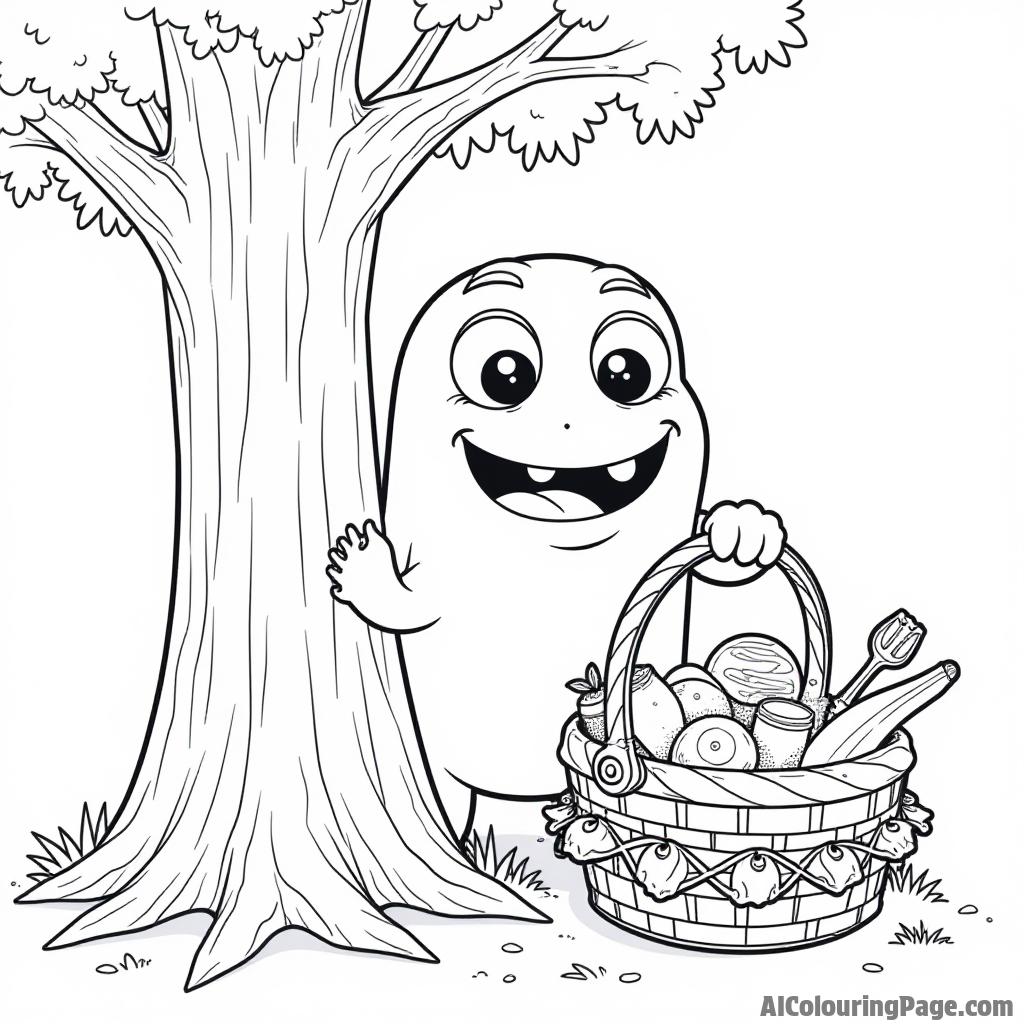 A friendly sandwich monster peeking out from behind a tree, holding a picnic basket full of sandwich ingredients.