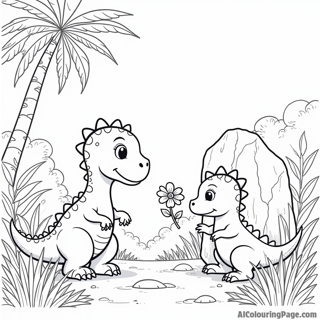 A friendly dinosaur offering a flower to a shy creature hiding behind a large rock in the jungle.