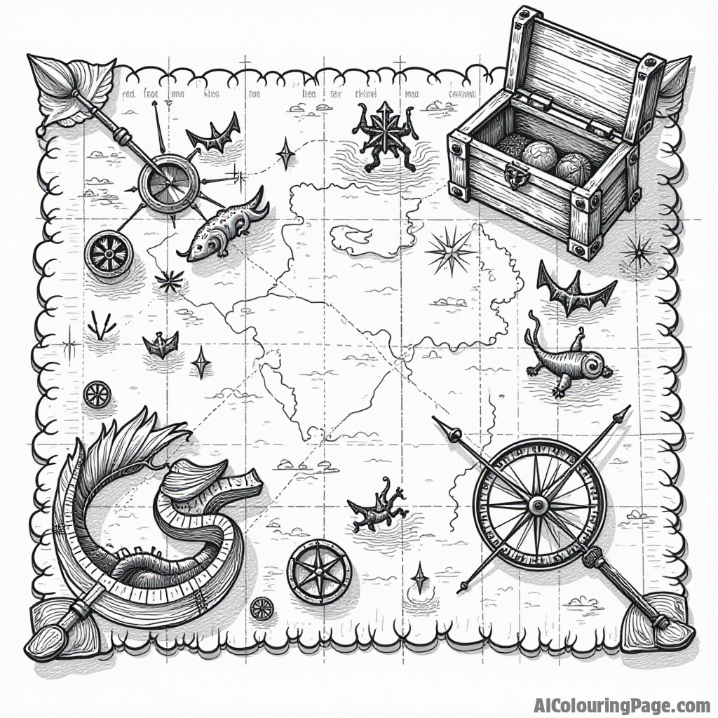 An ancient Viking map spread out on a table, featuring a compass, treasure chest, and mythical creatures, inviting children to color their own adventurous exploration.