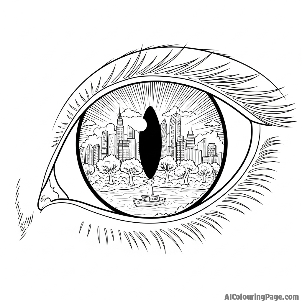 A close-up of a cat's eye, with the world reflected in its pupil.
