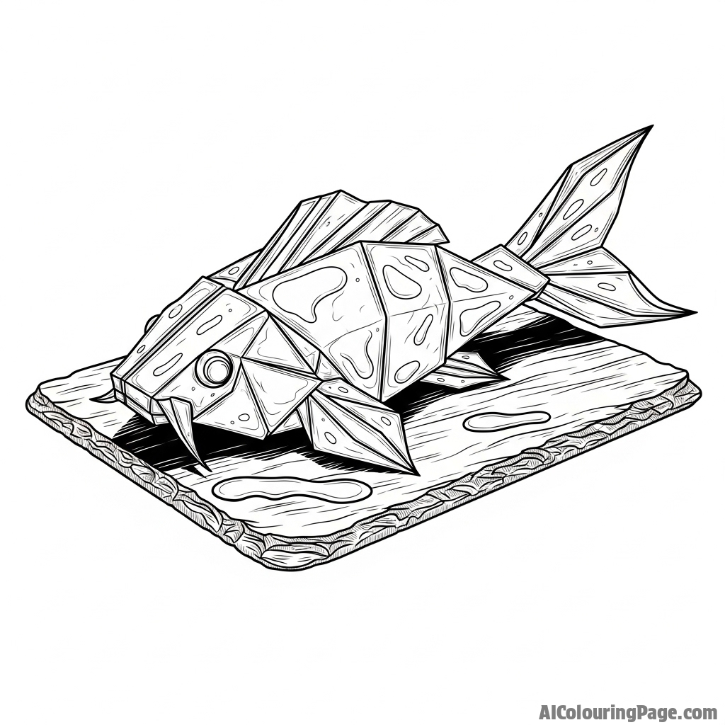 An intricate origami koi fish, appearing wet and glistening on a dark slate surface.
