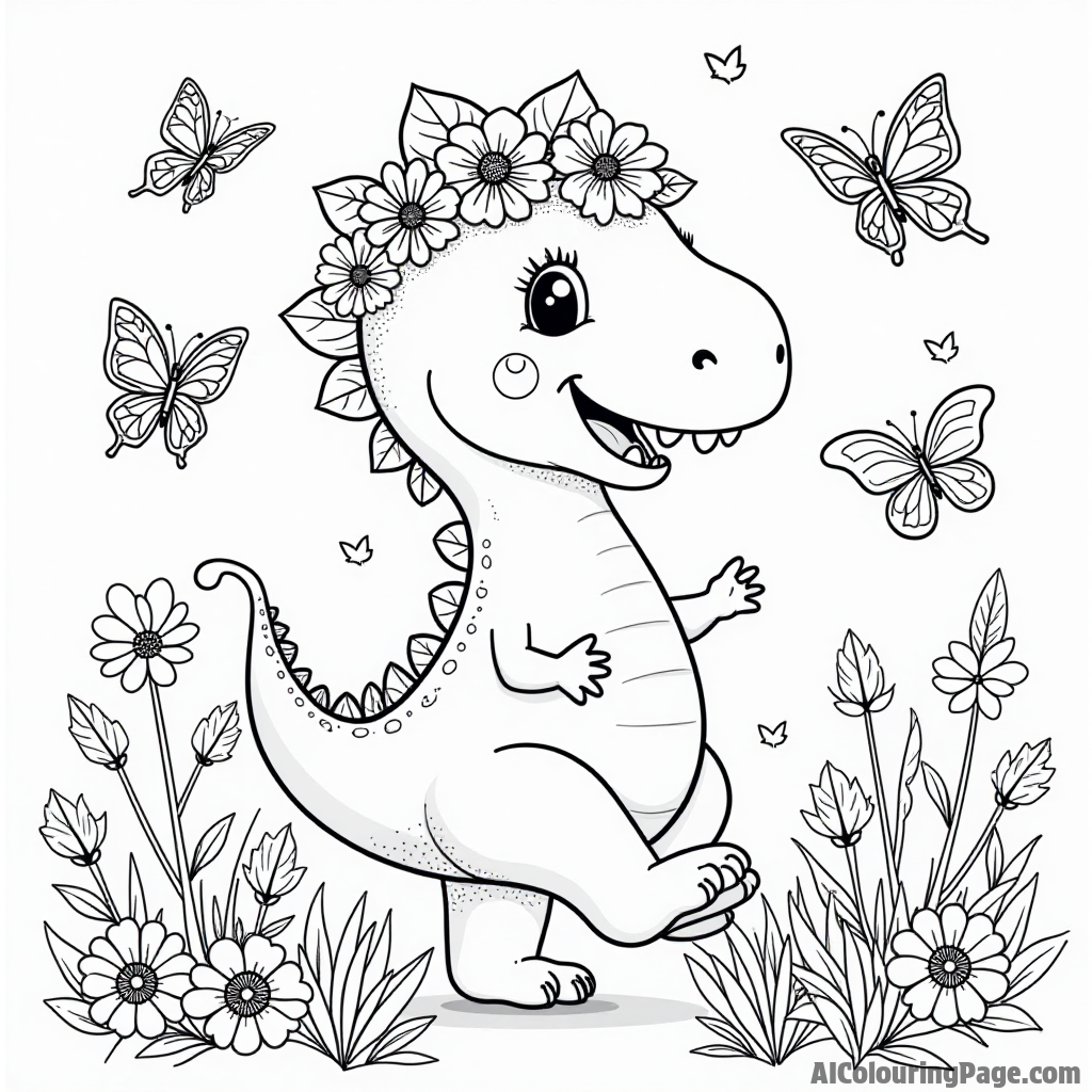 A tiny dinosaur wearing a flower crown while dancing among butterflies in a blooming flower garden.