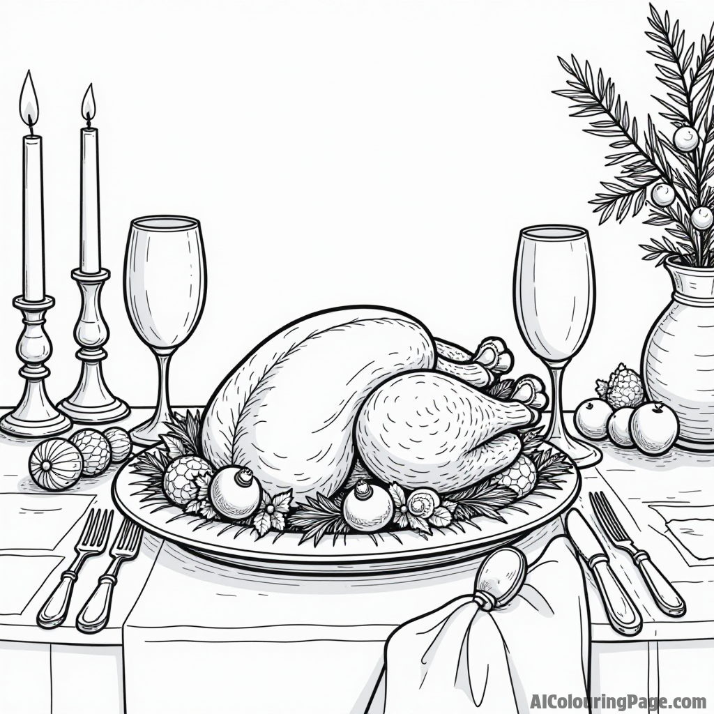 A festive table set for a Christmas dinner, with a roast turkey, candles, and holiday decorations, ready for family gathering.