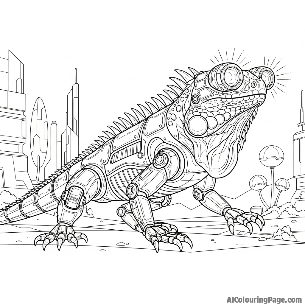 A robotic iguana with glowing optical sensors, patrolling a futuristic landscape.