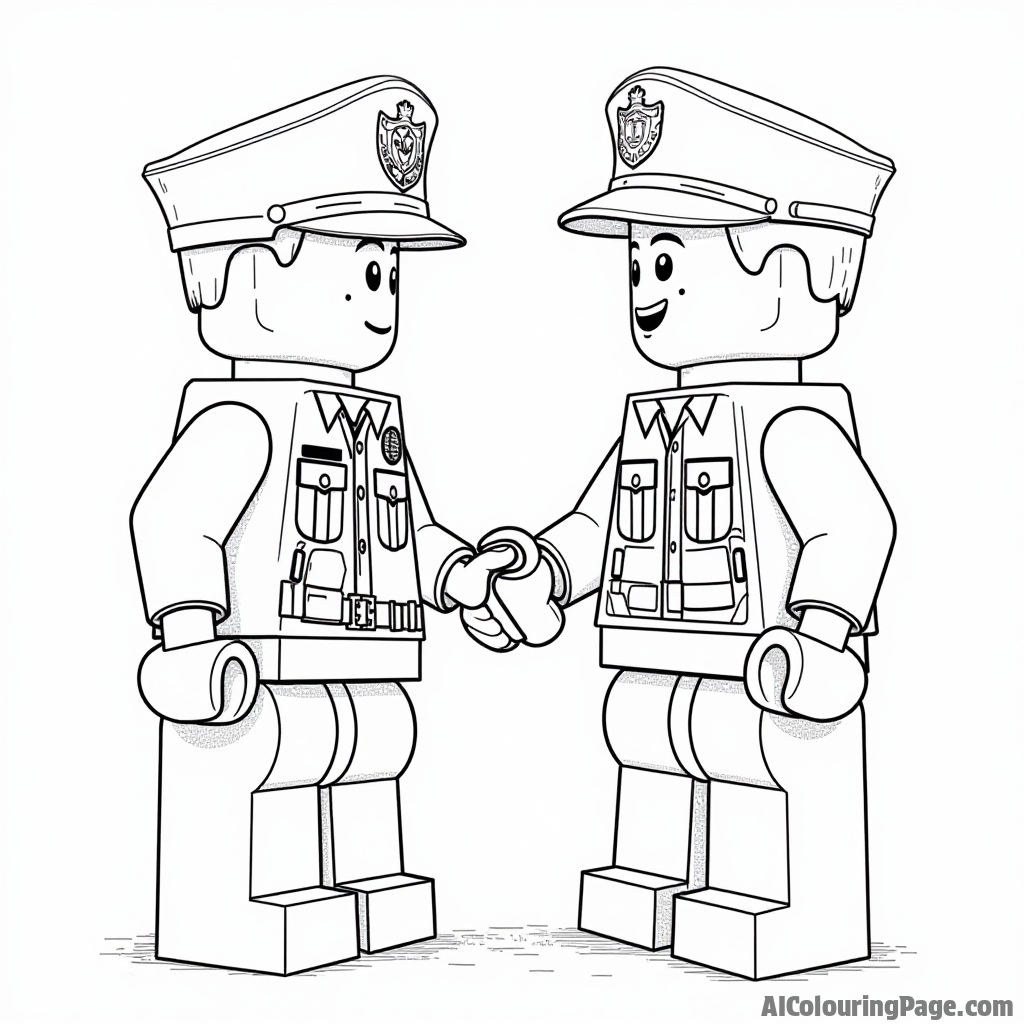 A Lego police officer and a Lego citizen shaking hands, creating a friendly community scene for kids to color and learn about kindness and cooperation.