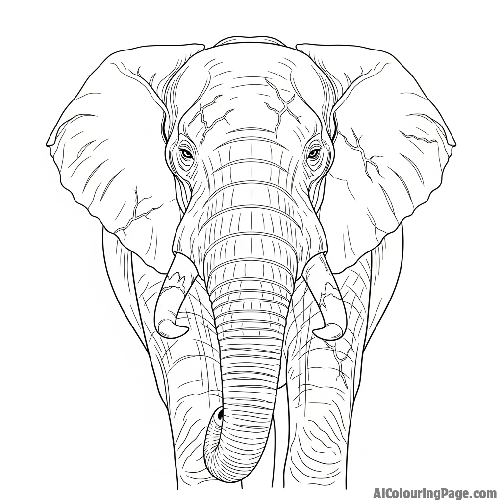 An old, wise elephant with scarred skin and chipped tusks, gazing directly at the viewer.