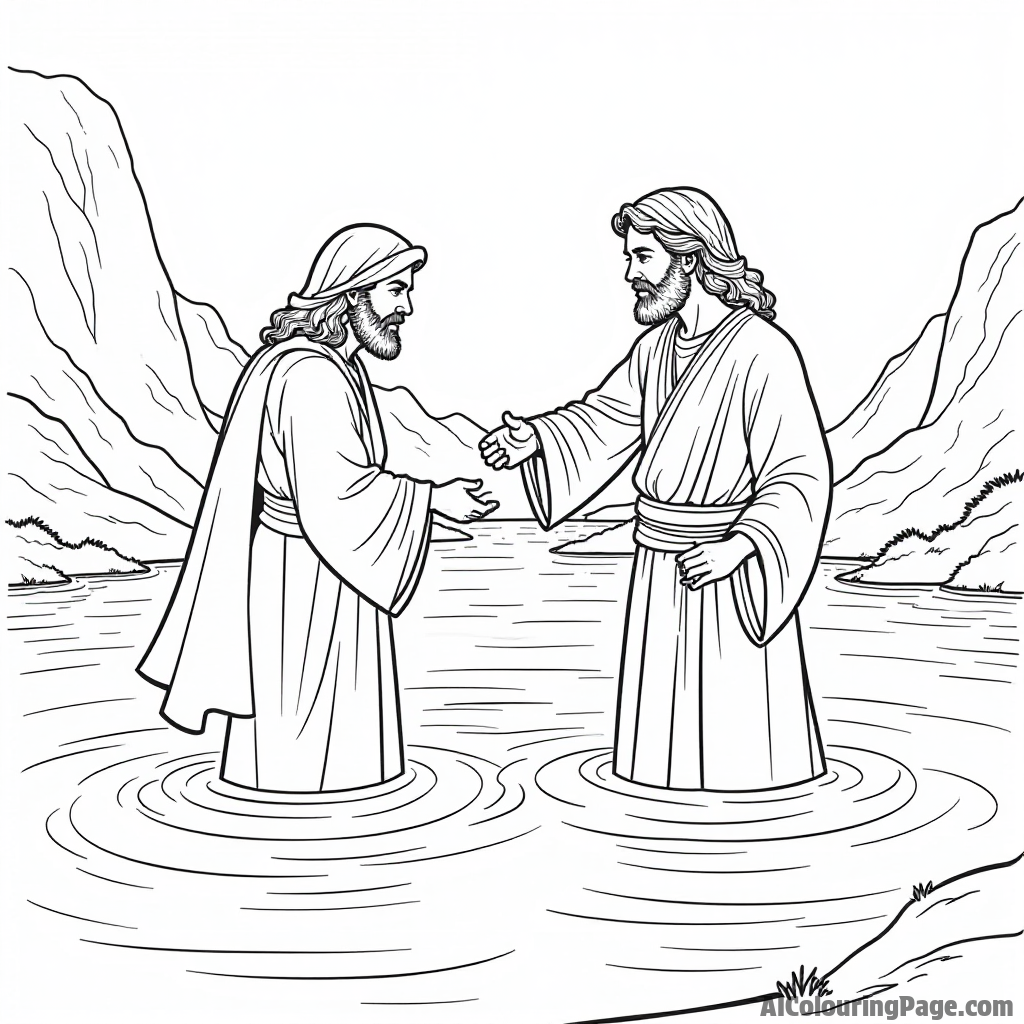 The baptism of Jesus in the Jordan River, with John the Baptist and gentle waves creating a serene atmosphere for coloring.