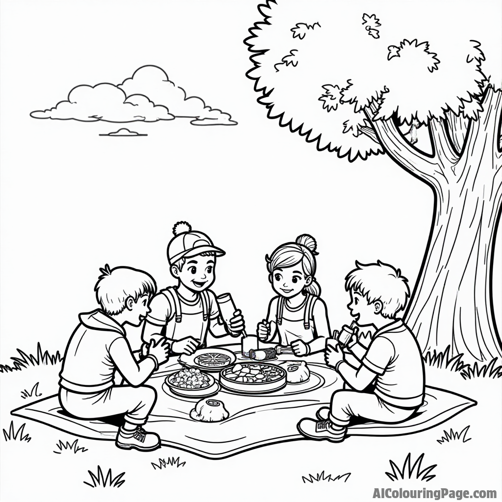 A fun Fortnite picnic scene with characters sharing snacks and playing games under a shady tree for kids to color