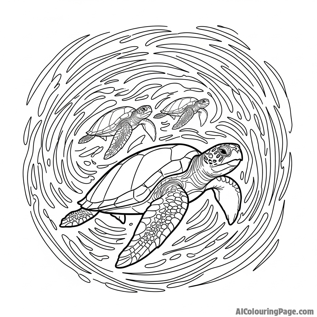 An impressionistic painting of turtles swimming in a swirling sea.