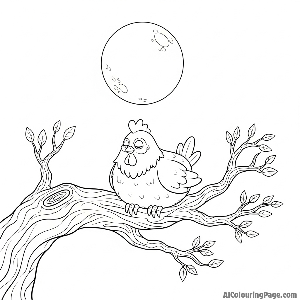 A chicken roosting on a gnarled tree branch under a full moon.