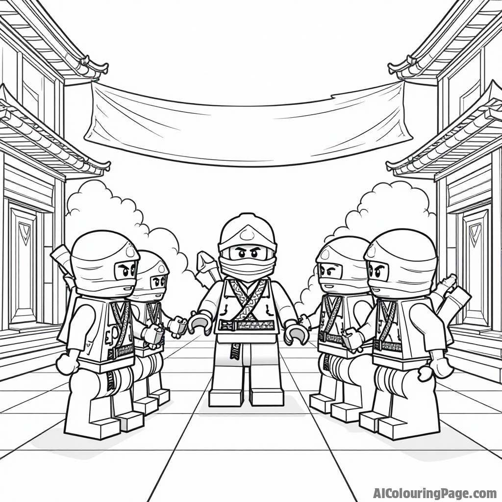 A Lego Ninjago master teaching young ninjas in a training courtyard, with training equipment and banners, conveying a sense of teamwork and learning, ideal for a coloring book image.