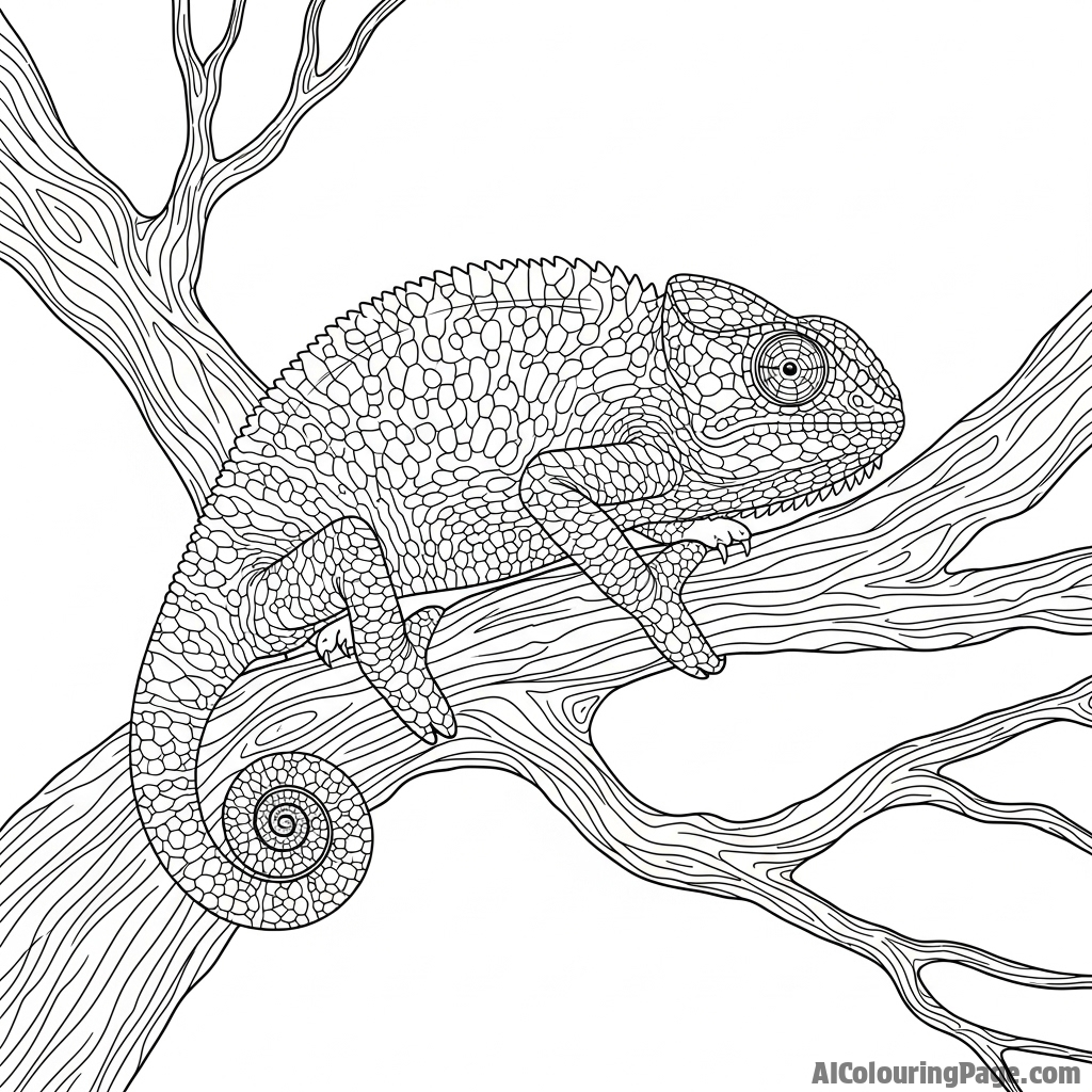 A chameleon camouflaged on a gnarled tree limb, almost invisible