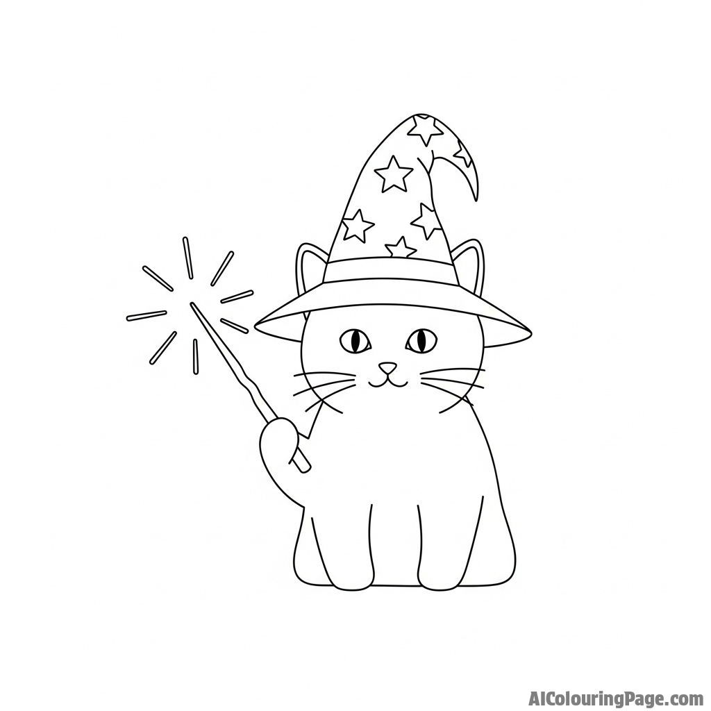 A wizard cat wearing a pointed hat, holding a glowing wand.