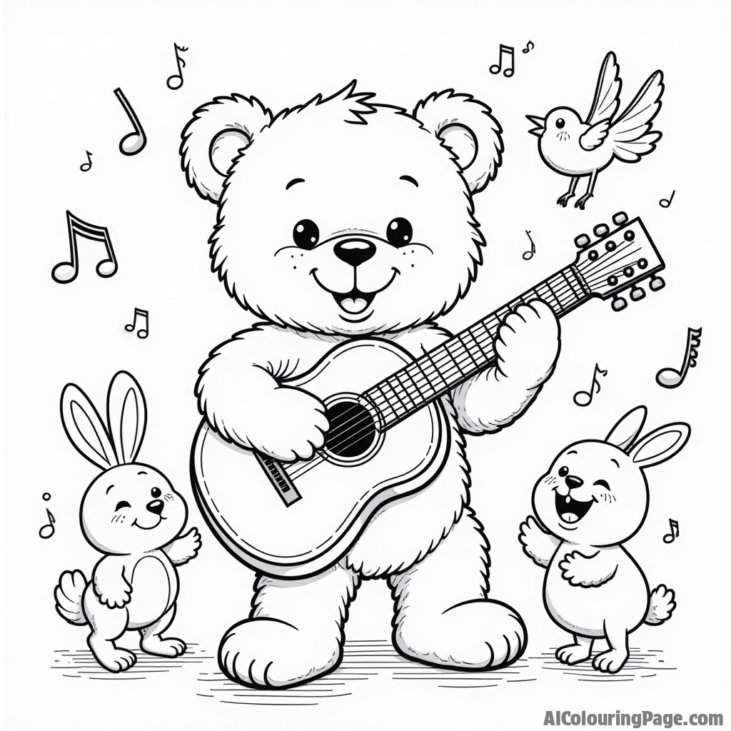 A teddy bear playing the guitar with musical notes around, accompanied by a dancing bunny and a cheerful bird, creating a fun and musical coloring experience for kids.