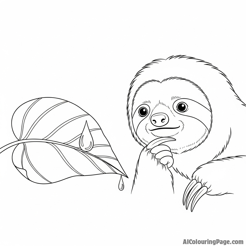 A sloth looking thoughtfully at a single raindrop clinging to a leaf.