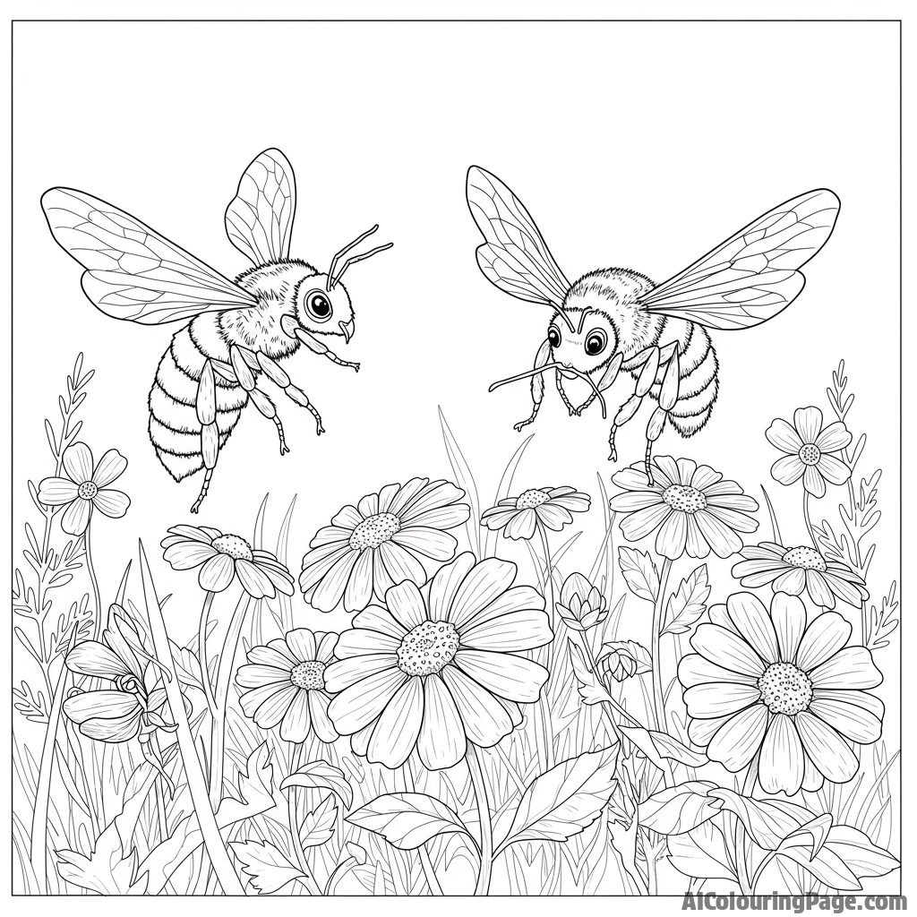 Bees pollinating flowers in a blooming meadow.