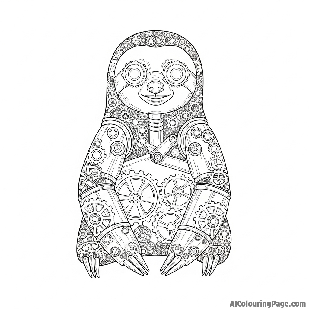 A steampunk sloth made of gears and polished brass, its eyes glowing faintly.