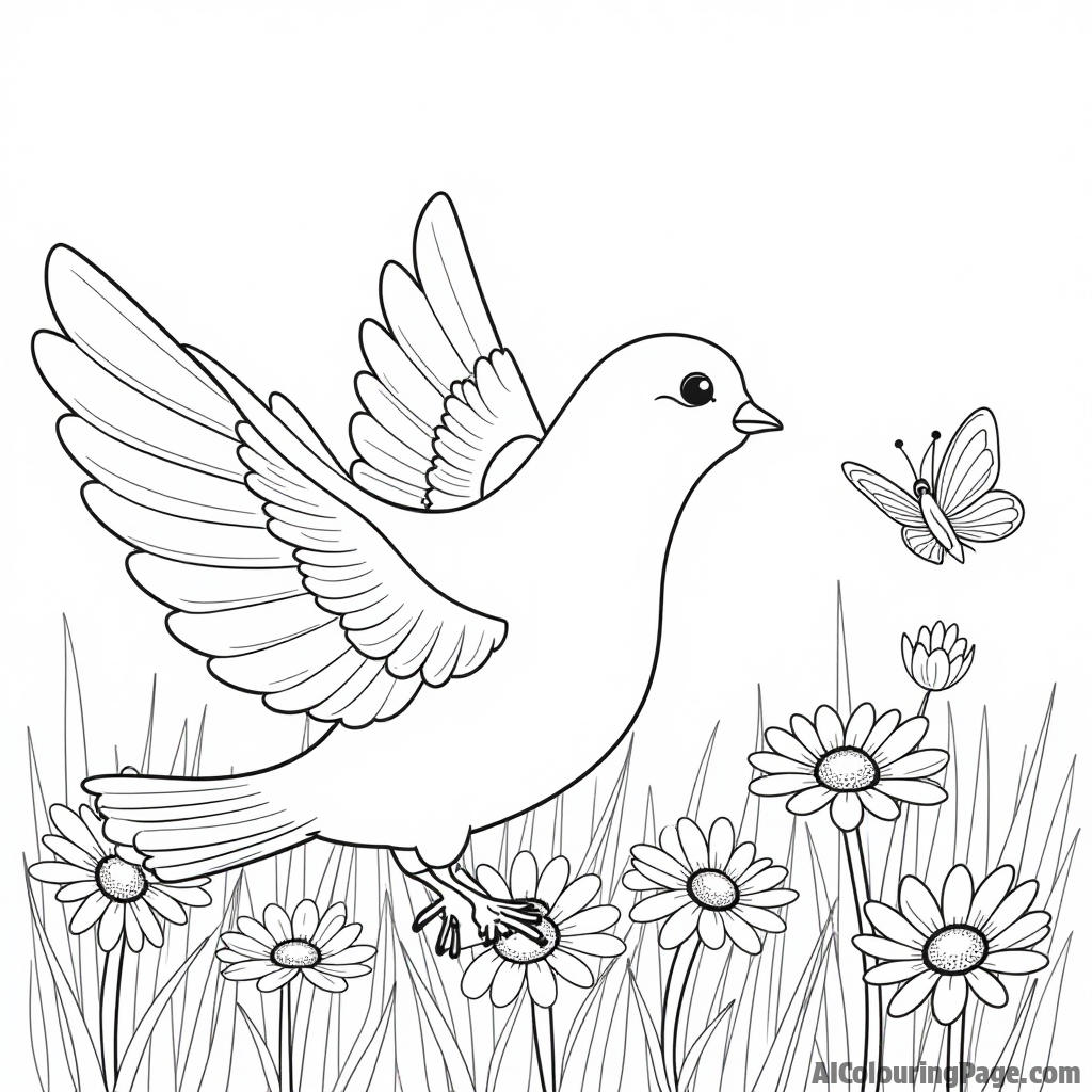 A dove playing in a field of daisies with butterflies fluttering around, creating a cheerful springtime scene for kids to color.