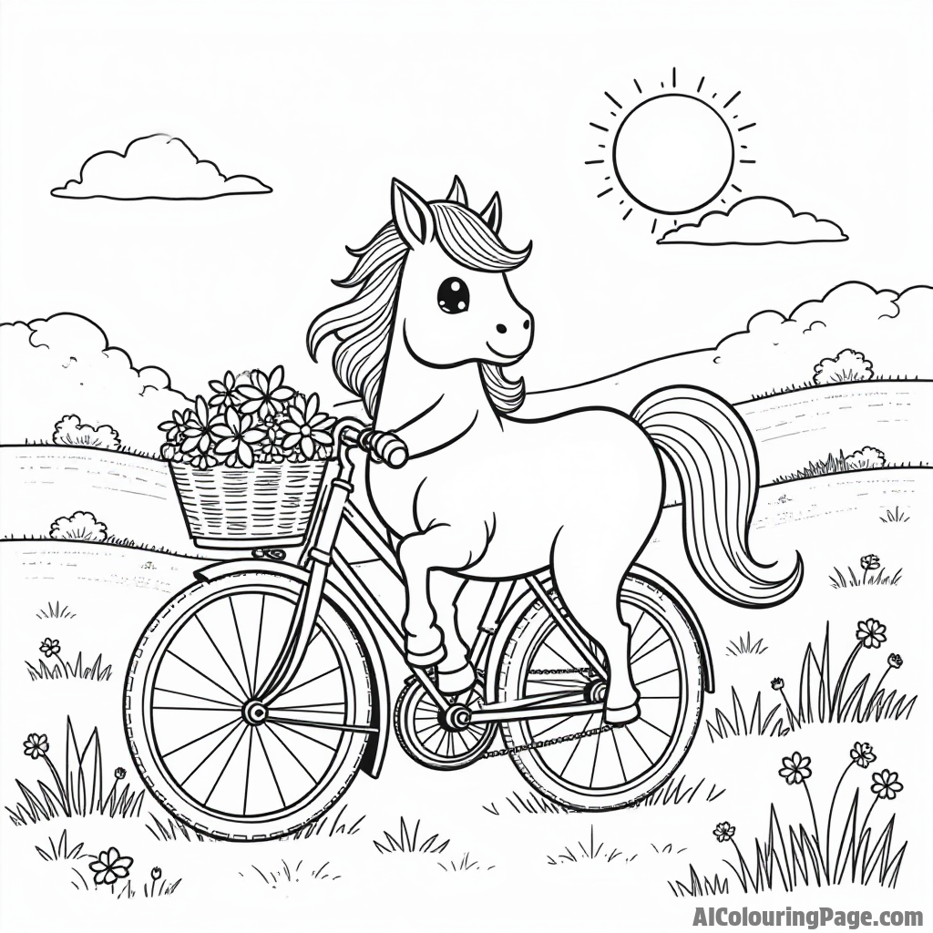 A pony riding a bicycle with a basket full of flowers while enjoying a sunny day in the countryside.