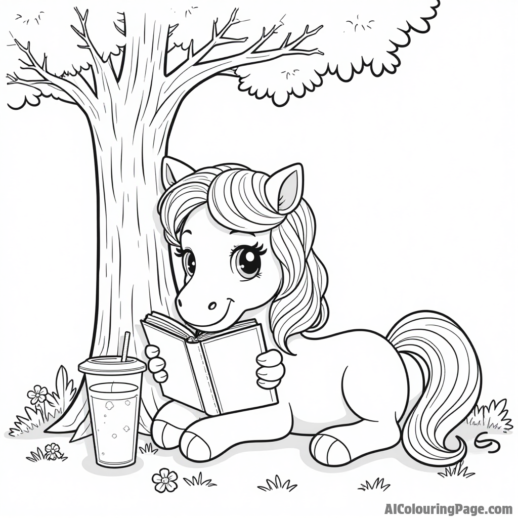 A pony resting under a tree while reading a book with a cup of lemonade beside it on a sunny day.