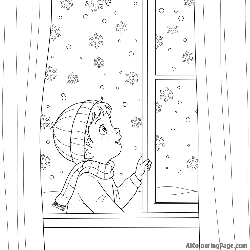 A child gazing out the window at falling snowflakes, awe and wonder.