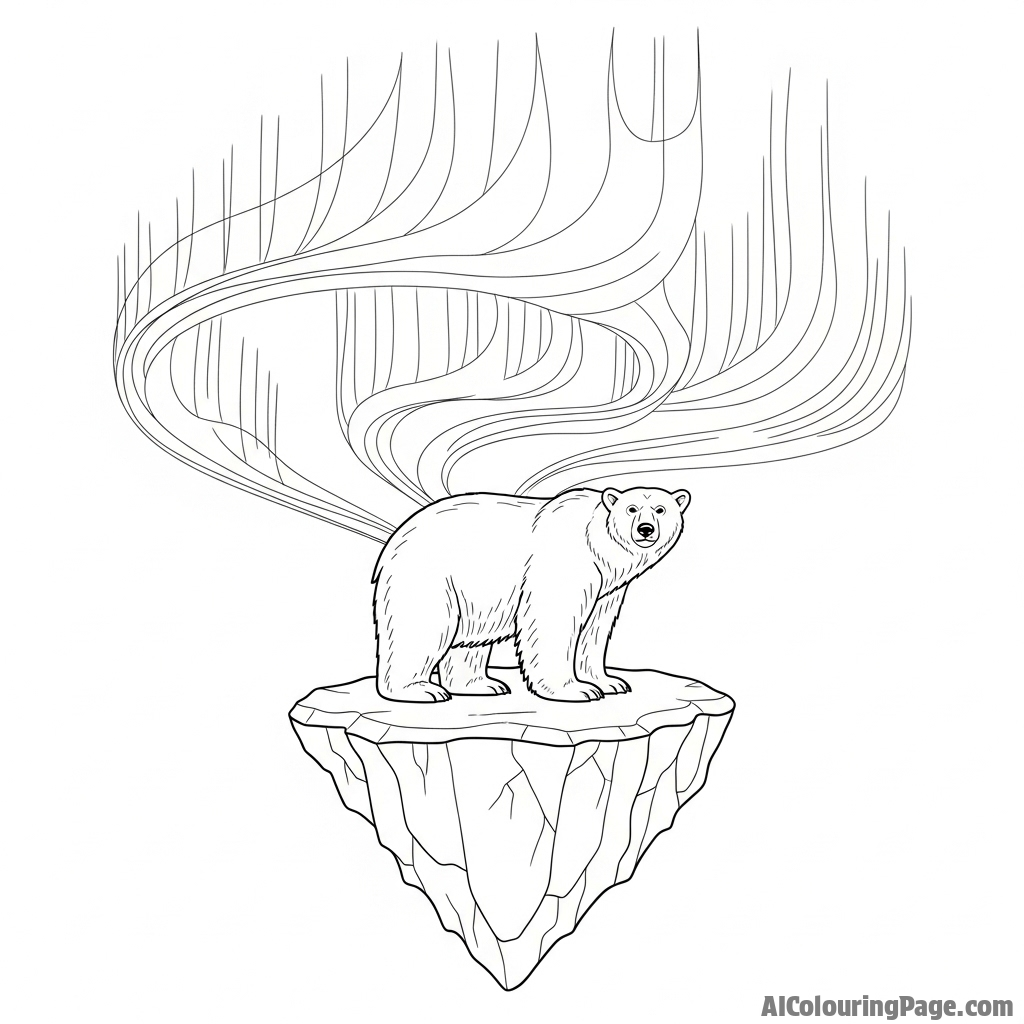 A lone polar bear standing on an iceberg under the aurora borealis.