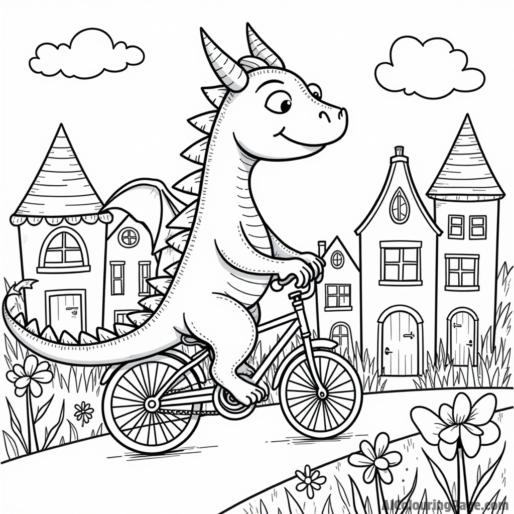 A dragon riding a bicycle through a whimsical village with fun-shaped houses and colorful flowers.