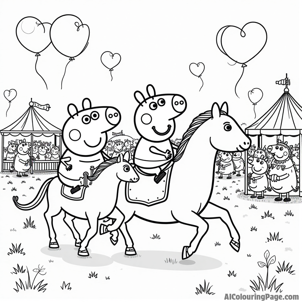 Peppa Pig and her friends riding ponies in a country fair surrounded by balloons, games, and laughter everywhere.