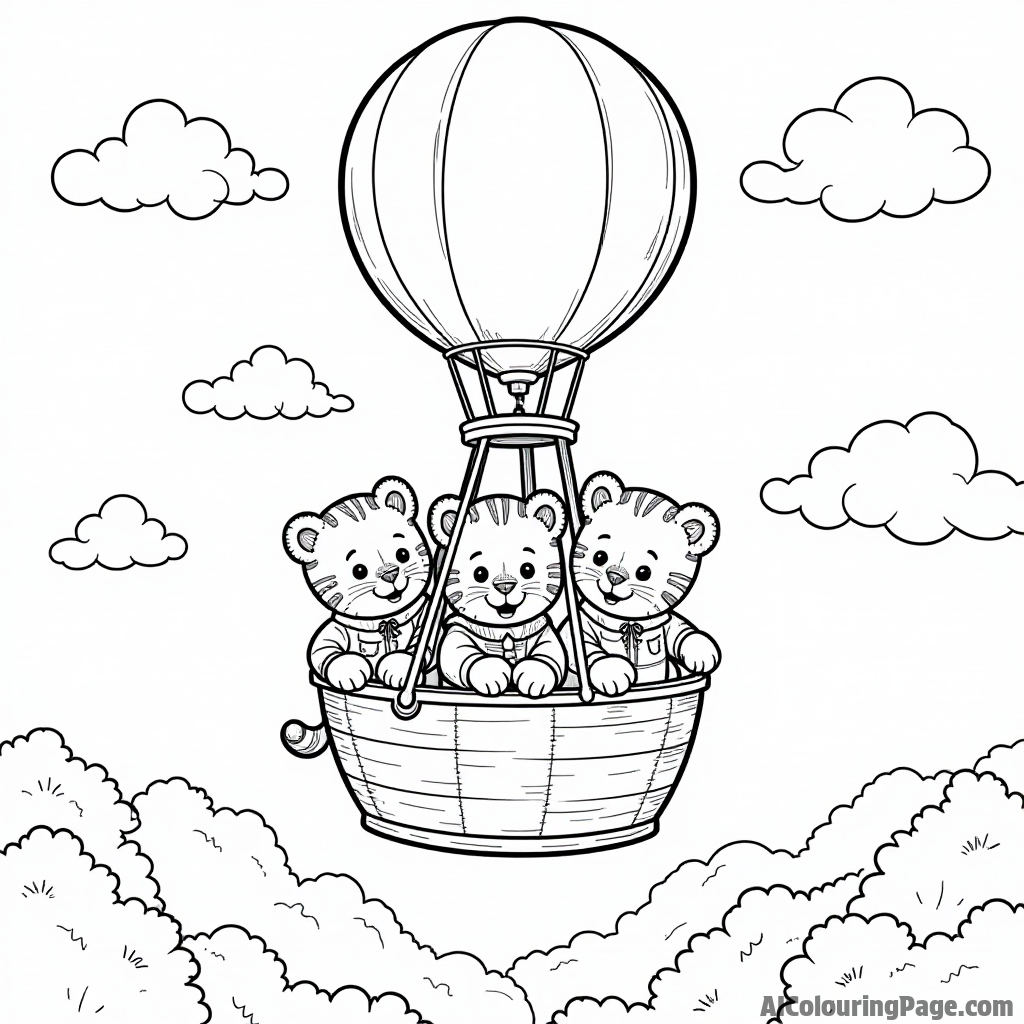 Daniel Tiger and his friends going on a magical adventure in a hot air balloon, rising high above the colorful landscape.