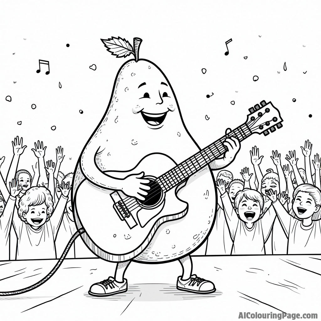 A pear musician playing a guitar on stage with a cheering crowd, encouraging kids to color their lively concert scene.