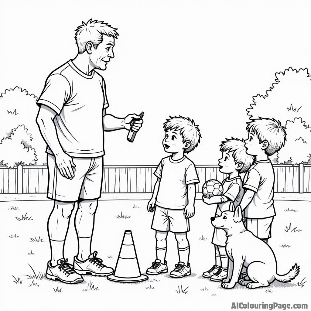 A soccer coach giving instructions to kids, with cones and a whistle, an excited dog watching from the sidelines, all outlined for a creative black and white coloring experience.