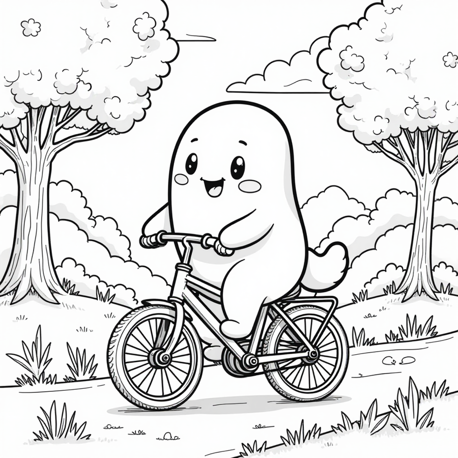 Squishmallow riding a bicycle through a park