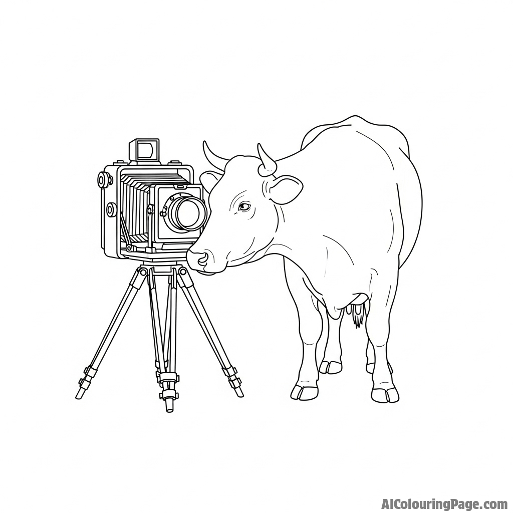 A cow curiously investigating a vintage, large-format camera on a tripod.