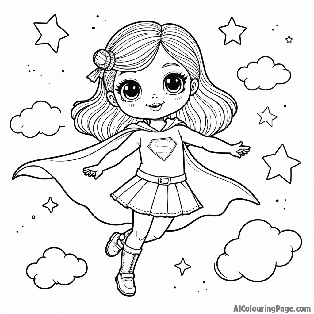 A doll dressed as a superhero, flying through the sky with a cape fluttering, alongside clouds and stars, for kids to bring to life with colors.