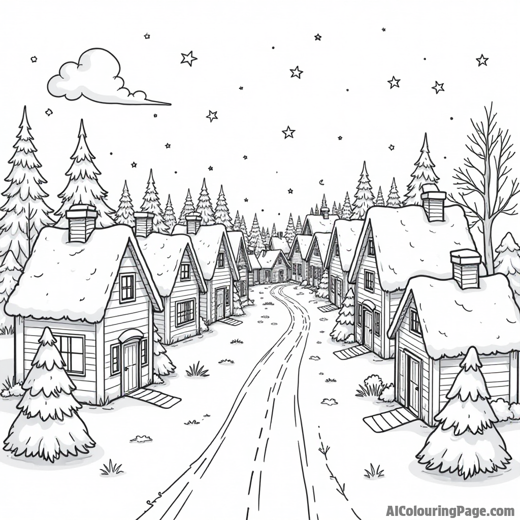 A magical Christmas village scene, featuring little houses with smoke coming from chimneys, snow-covered streets, and twinkling lights.