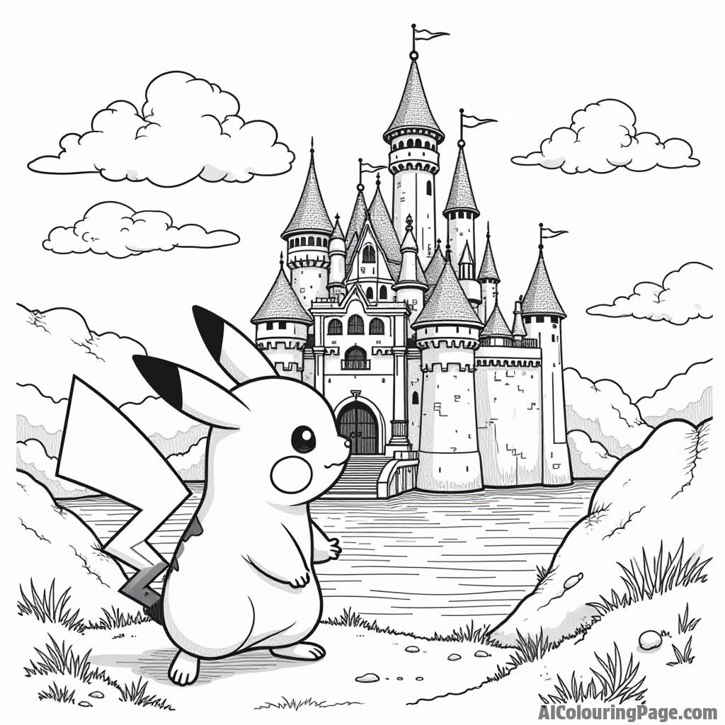 Pikachu exploring an enchanted castle with towers, flags, and a moat surrounding it