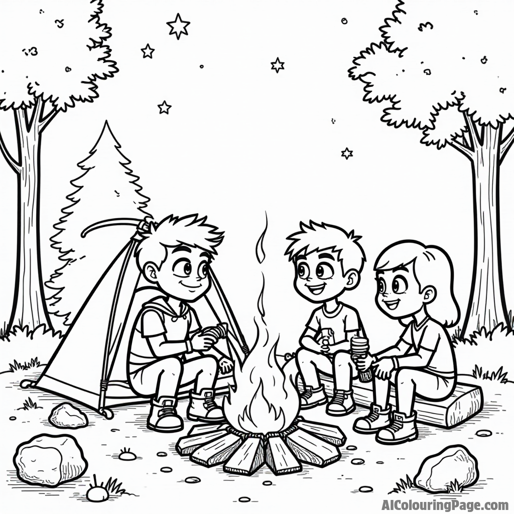 Teen Titans on a camping trip, sitting around a campfire, roasting marshmallows, with trees and stars above creating a cozy scene.