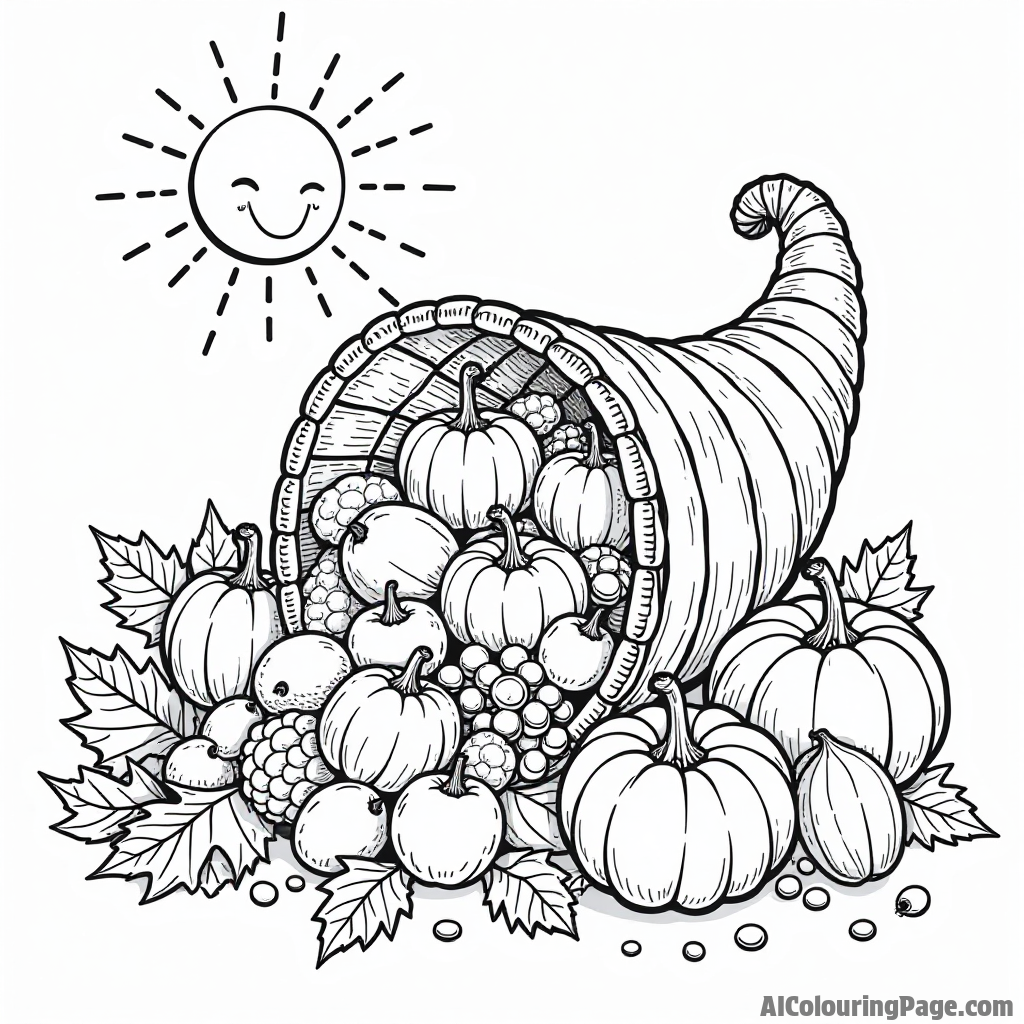 A cornucopia overflowing with fruits, vegetables, and nuts, surrounded by autumn leaves and a smiling sun in the sky