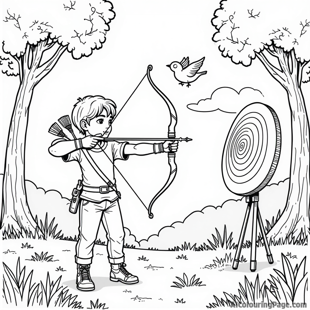 A young archer aiming at a target in a forest clearing, surrounded by tall trees and cheerful birds, showcasing focus and determination in a black and white outline style.