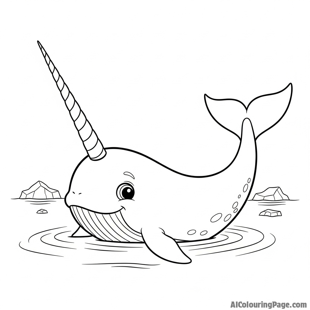 A narwhal, the unicorn of the sea, its long tusk breaking the surface of the arctic water